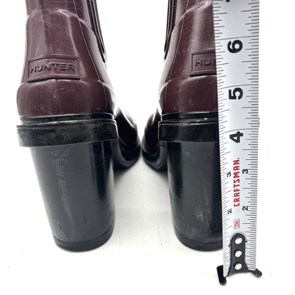 Deadstock Hunter Maroon on Black Block Heel Patent Rubber Ankle Boots Women's 7 - Picture 10 of 16
